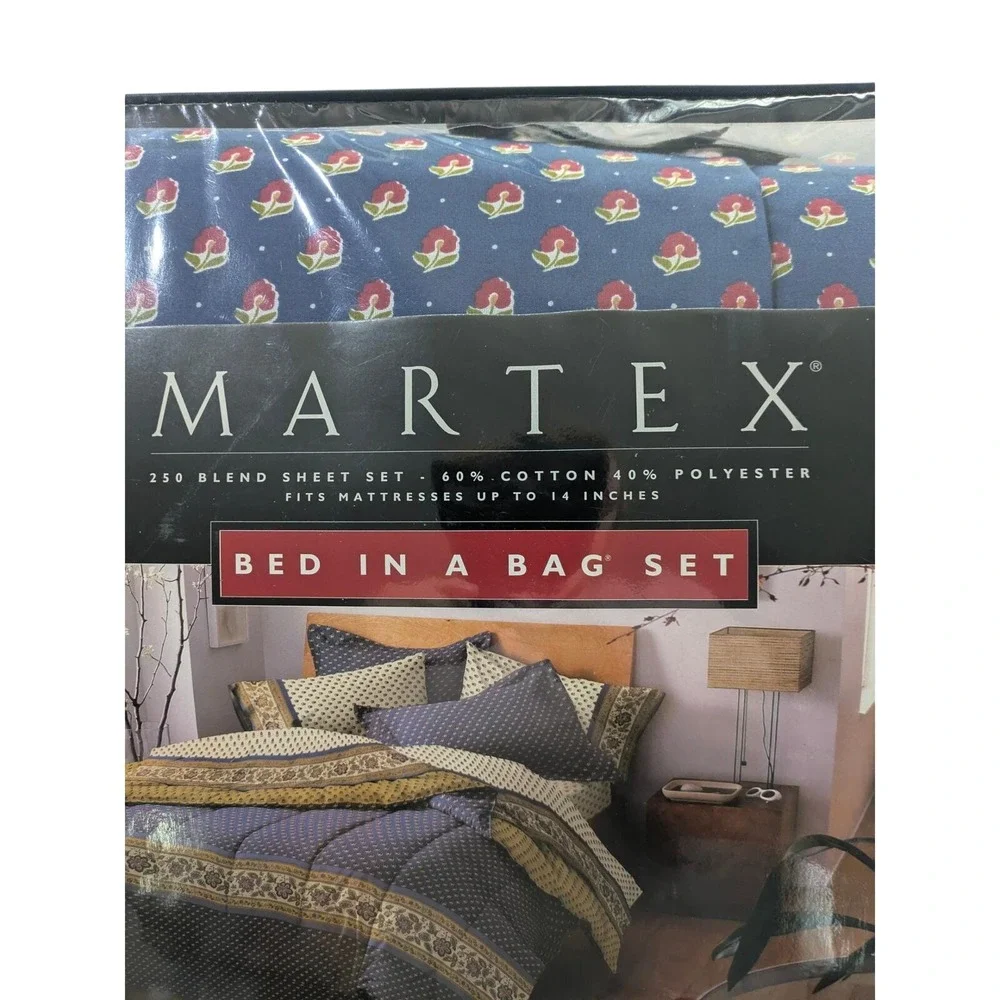 Vintage Martex Marseilles Bed in a Bag Set Full Royal Blue Floral 8‎ Piece NEW